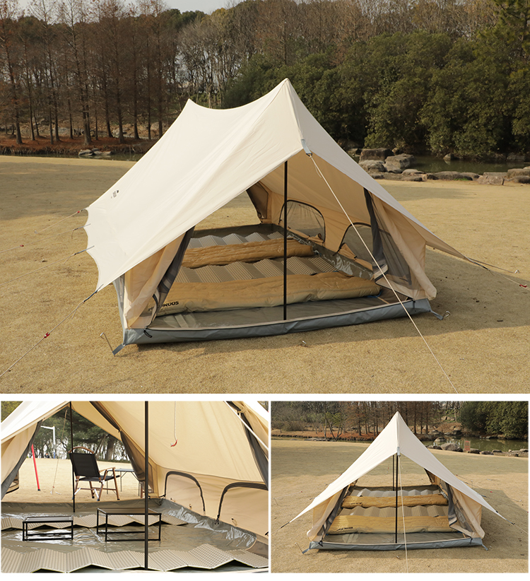Soomloom ロッジ型テント 4人用テント 大型テント ファミリー 家族 Dodona 4P キャンプ アウトドアキャンピング T/C素材 日除け 2ポール ロッジ型テント 通気性が高く夏場も快適 前後オープン可能 メッシュパネル装備